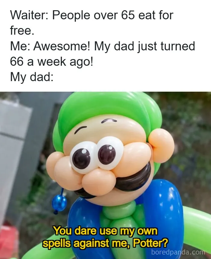 Balloon figure meme sarcastically replies to seniors eating for free offer