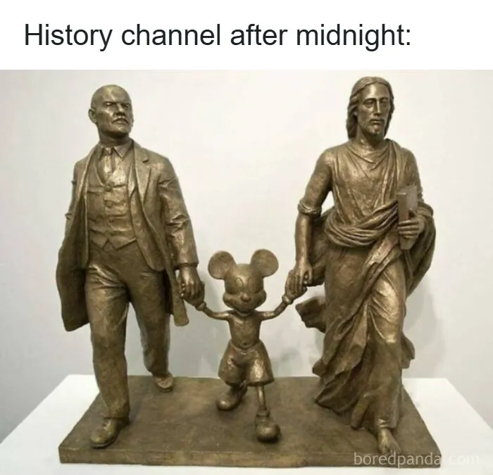 Sculpture meme with Lenin, Jesus, and Mickey Mouse symbolizing history channel after midnight