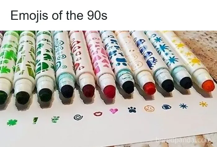 Retractable stamps with 90s emoji designs on paper