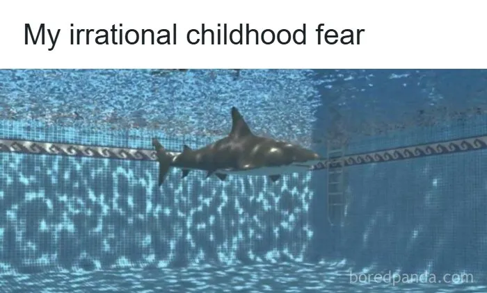 Image of shark in a swimming pool representing irrational childhood fear meme