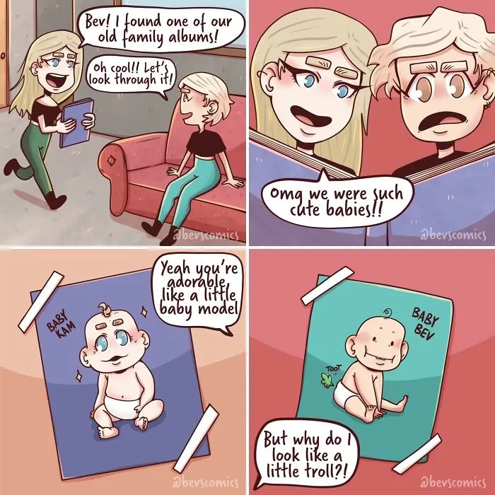 Relatable comics by Krysten Bevilaqua: Two people look at baby photos, one feels like a troll.