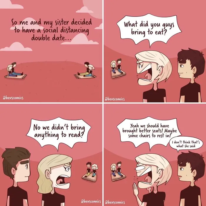 Relatable comics by Krysten Bevilaqua: A funny social distancing double date comic.