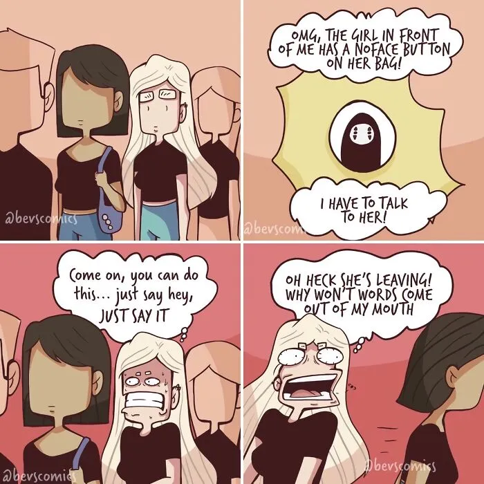 A relatable comic by Krysten Bevilaqua depicting social anxiety when trying to talk to a stranger with a shared interest.