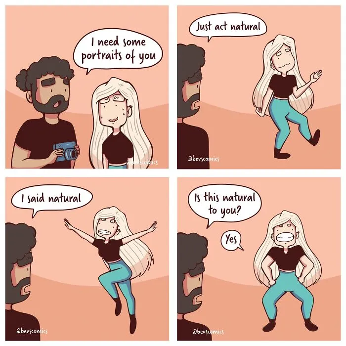 A comic by Krysten Bevilaqua showing a photographer struggling to get a natural pose from a woman for relatable comics.