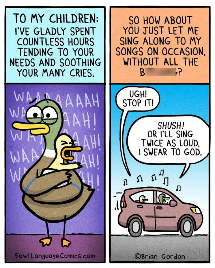 Cartoon by Brian Gordon showing parent surrounded by children crying while singing cartoons