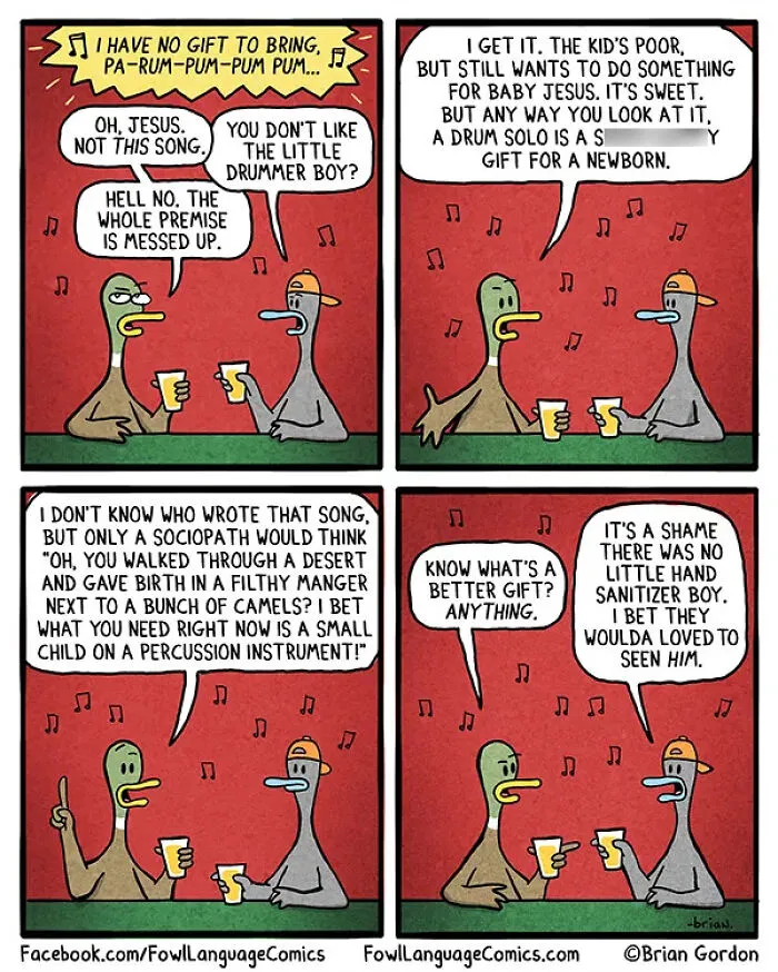Brian Gordon funny family cartoon debating the little drummer boy song humor