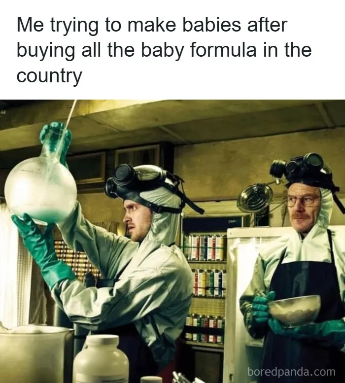 A meme with Walter White and Jesse Pinkman from Breaking Bad, humorously making babies.