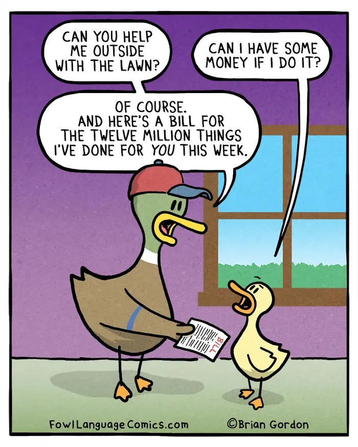 Comic of a parent duck giving a bill for chores after asking for help cutting the lawn
