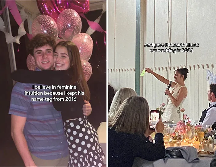 A woman and man smiling with balloons, and a woman speaking at a wedding, illustrating cute love stories.