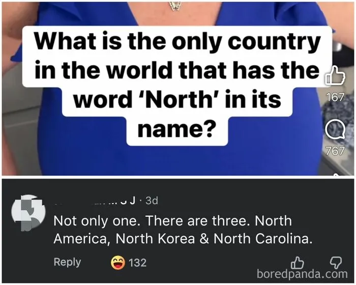 A question about countries with North in their name, followed by a humorous self-burn of incorrect answers.