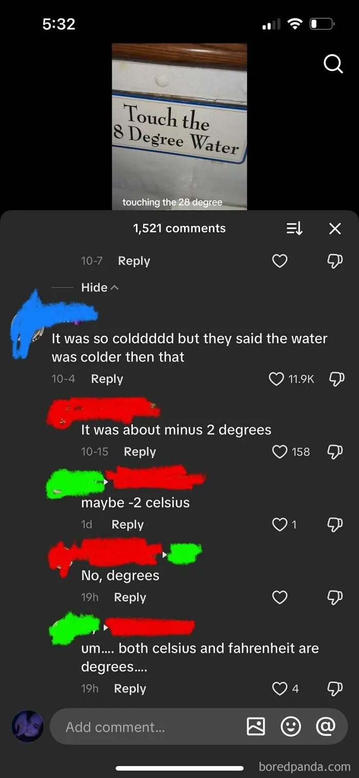 A video about touching 8 degree water, with comments showing iconic self-burns about temperature units.