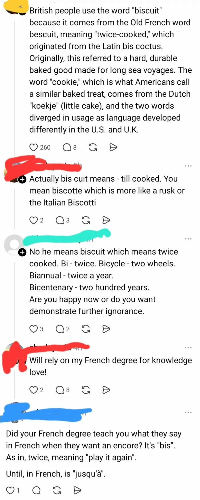 An iconic self-burn moment in a social media conversation, with users debating the etymology of biscuit and French language terms.