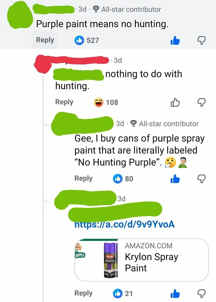 A social media thread with an iconic self-burn where someone claims purple paint means no hunting, exposing a moment of stupidity.