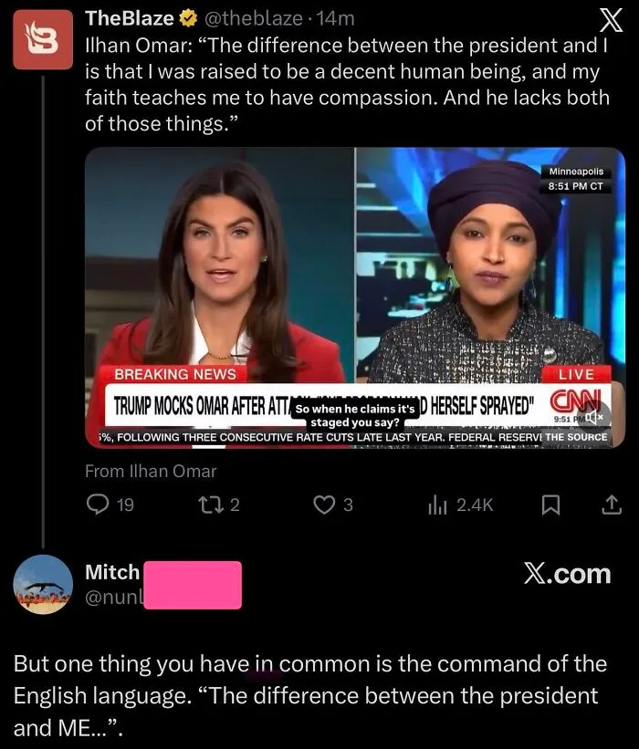 An iconic self-burn from a tweet where someone corrects grammar in a political statement about compassion and leadership.