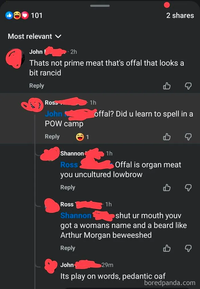 A social media thread showcasing iconic self-burns about offal meat and derogatory comments, igniting a discussion.