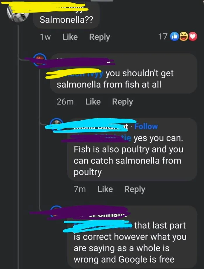 A social media thread where people show iconic self-burns about salmonella and fish, incorrectly linking them.