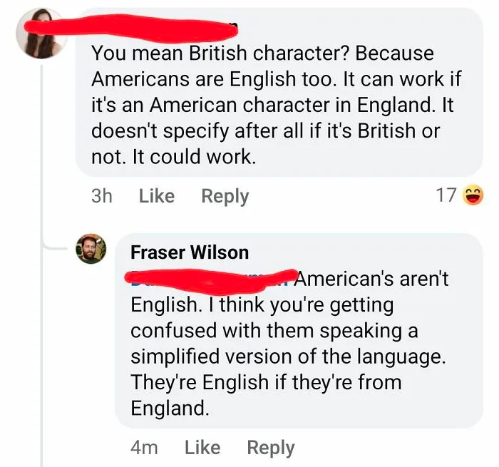 A social media screenshot displaying iconic self-burns about British and American characters.