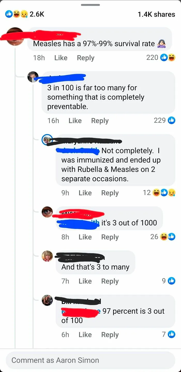 A social media conversation featuring iconic self-burns, demonstrating a misunderstanding of percentages and math related to measles survival rates.
