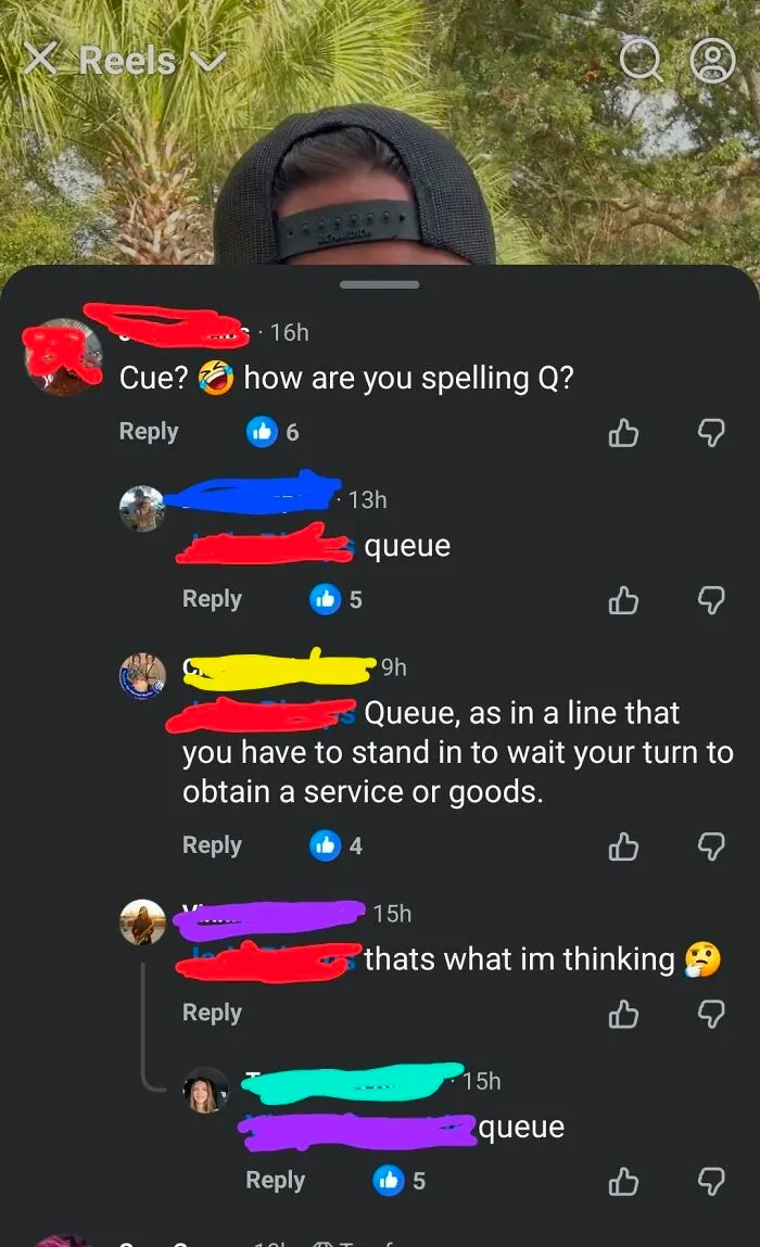 A social media thread highlighting iconic self-burns with users struggling to spell the word 'queue', leading to humorous corrections.