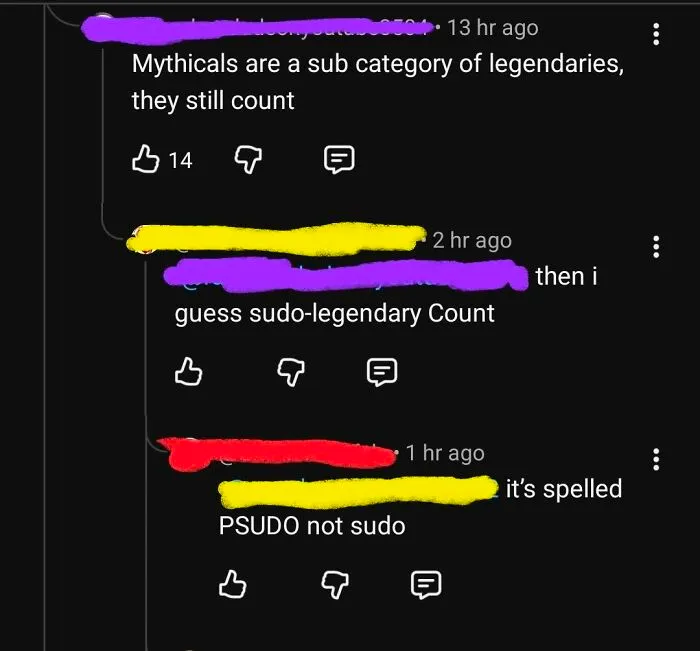 A social media comment section with iconic self-burns, focusing on a user correcting the spelling of 'pseudo' in a discussion about legendary categories.