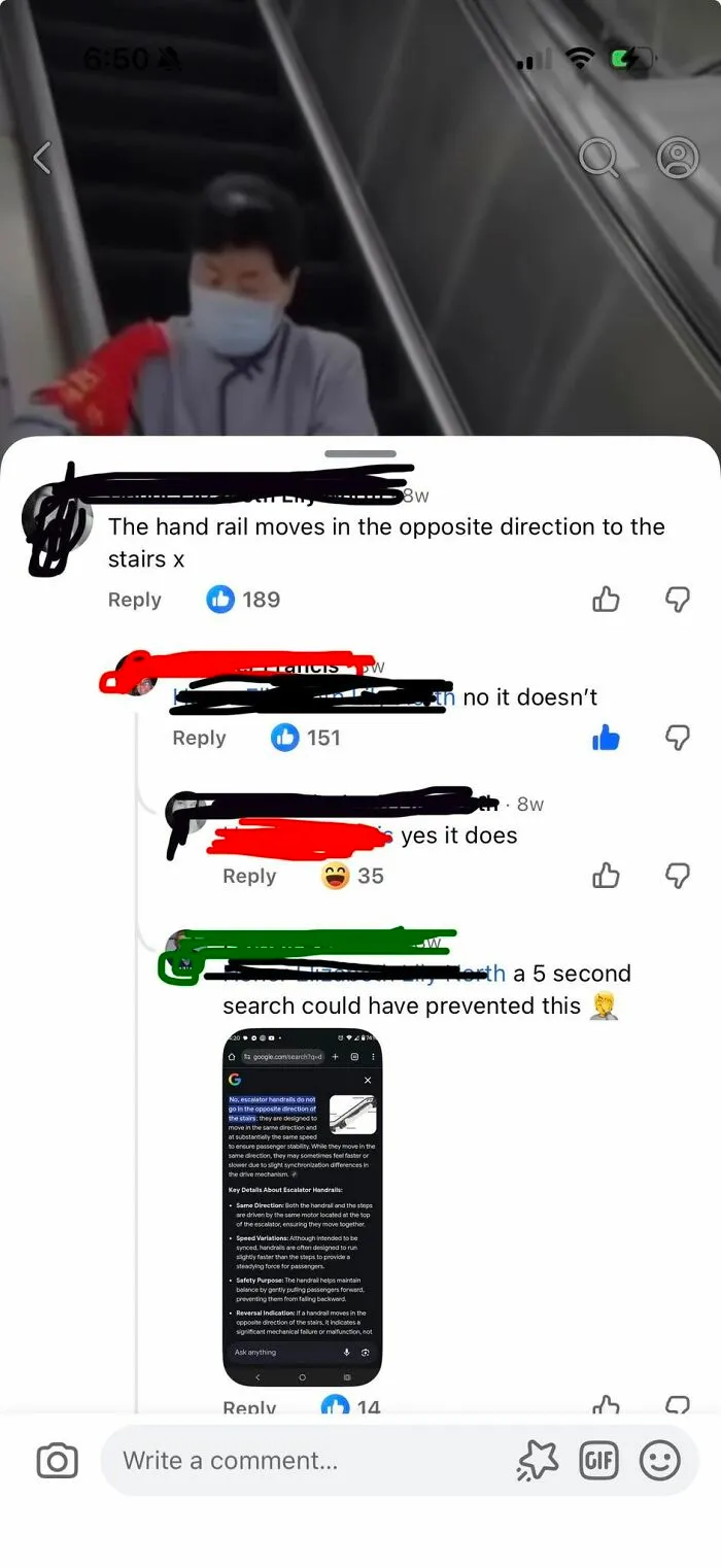 A social media screenshot with a video frame above, displaying iconic self-burns about escalator handrails.