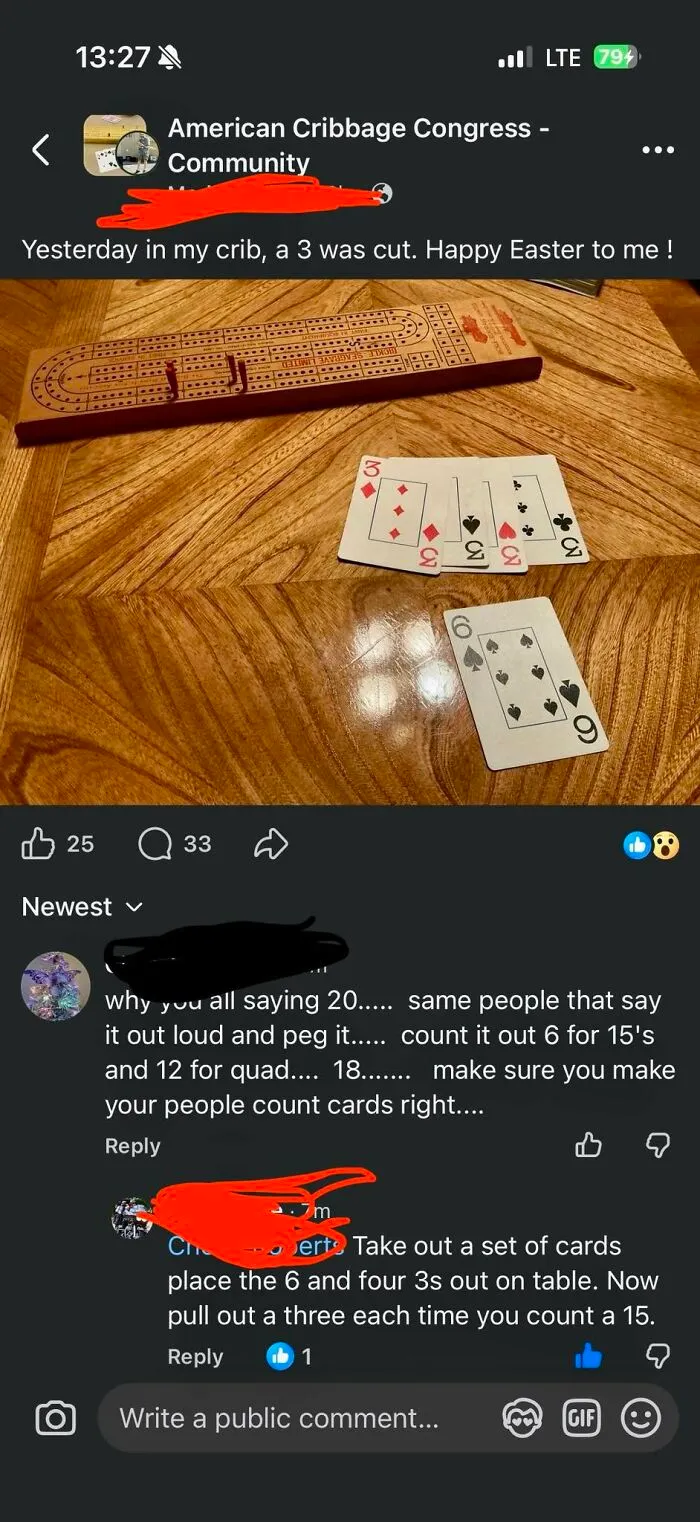 A social media screenshot of a cribbage hand with cards, featuring iconic self-burns from people miscalculating scores.