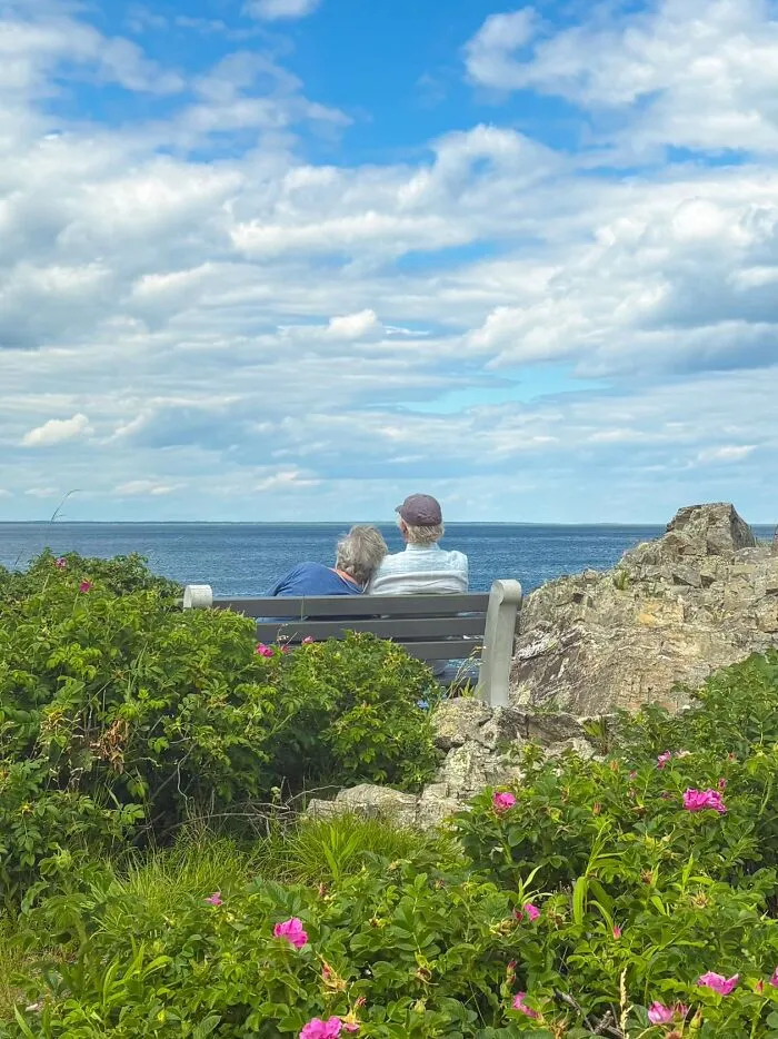 A couple sits on a bench overlooking the ocean under a blue sky, captured in a wholesome photo trend.
