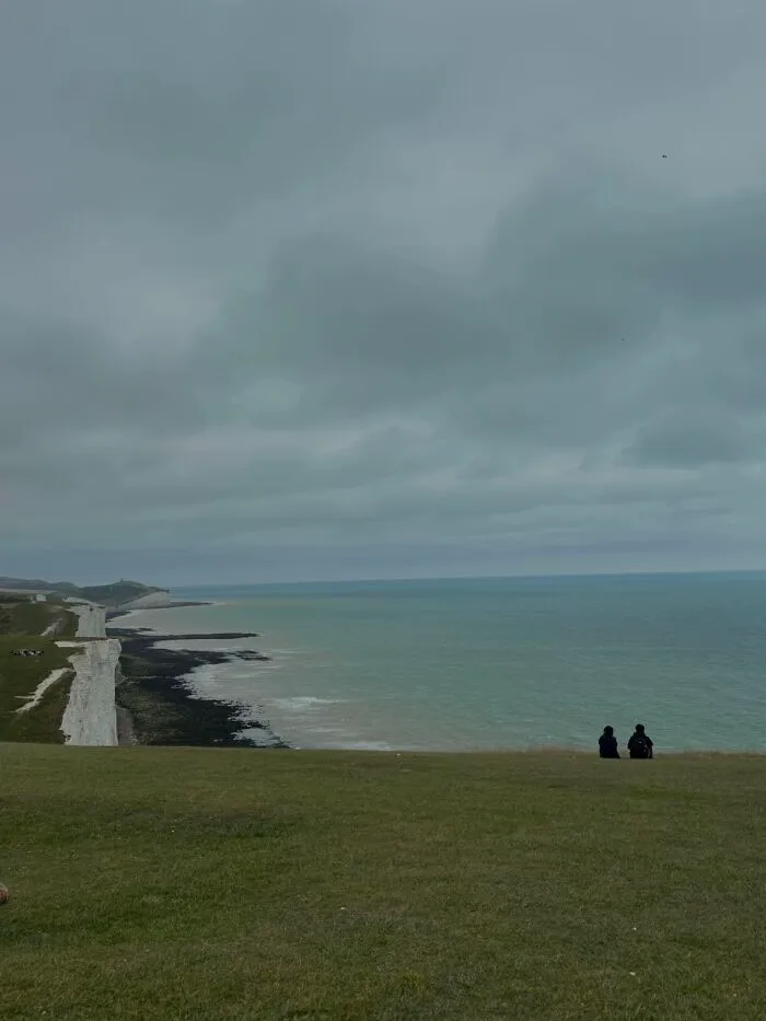Two people sitting on a grassy cliff overlooking the ocean, embodying the 'Like A Painting' photo trend.
