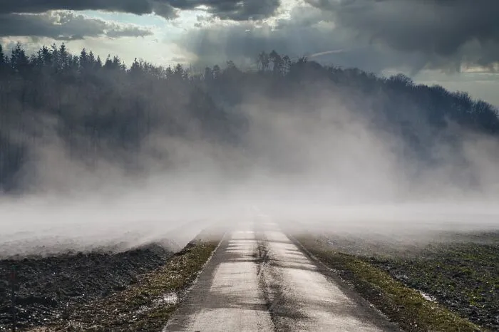A foggy road in a mysterious landscape, suggesting a creepy, unbelievable event.