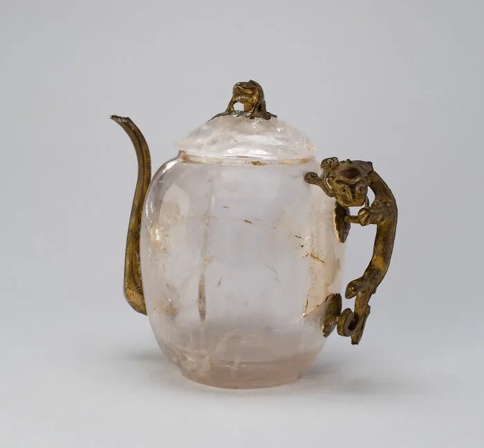 Crystal teapot with bronze dragon handle, still intact after many years.