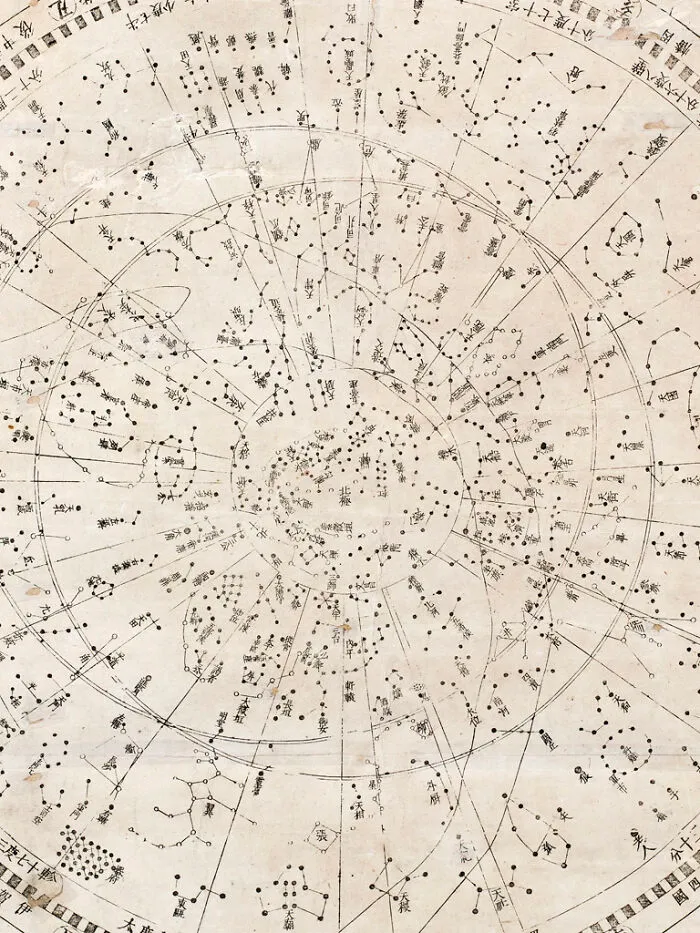 An old, detailed star chart with many constellations and lines, an interesting object still intact after all these years.