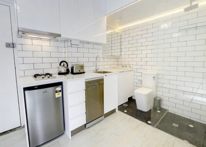 A small kitchen with a toilet integrated into the corner, an unhinged real estate listing.