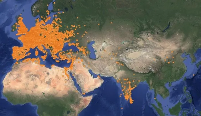 Mapa de todos los lugares donde se han encontrado tesoros de monedas de la antigua Roma