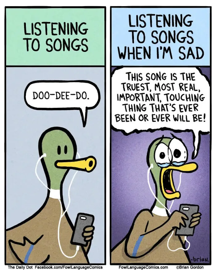 Duck listening to songs with earbuds, emotional when sad in Brian Gordon cartoon