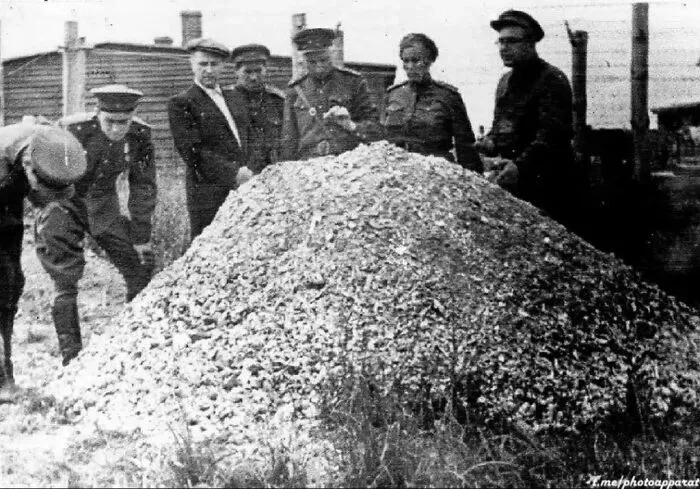 Oficiales soviéticos atónitos examinan una gran pila de cenizas humanas frente al campo de concentración de Majdanek, cerca de Lublin, Polonia. El campo fue liberado por el Ejército Rojo en 1944.