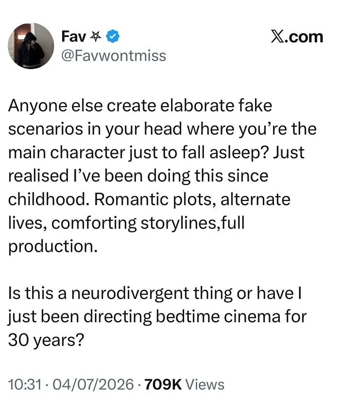 A Twitter post asking if creating elaborate fake scenarios to fall asleep is a neurodivergent trait.