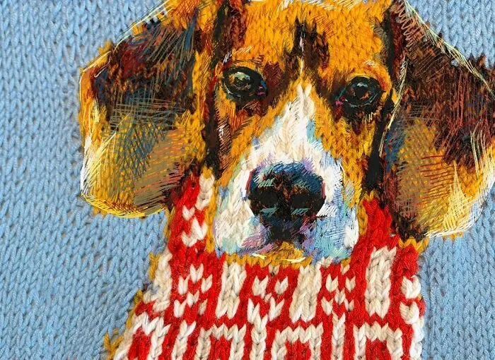 A stunning knitting portrait of a dog in a festive red and white sweater, combining traditional knitting with modern art.