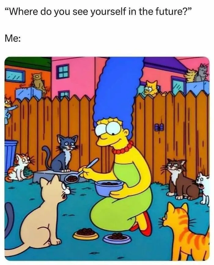 Hilarious memes: Marge Simpson feeding numerous cats in her backyard, capturing what it's like to share a home with cats.
