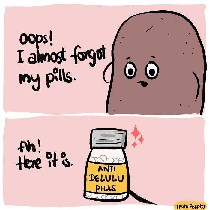 Truth Potato realizing it almost forgot its anti-delulu pills, representing a bitter truth.