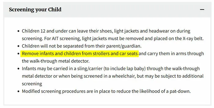 Hilariously dumb warning label: Text advises to remove infants and children from strollers and car seats for screening.