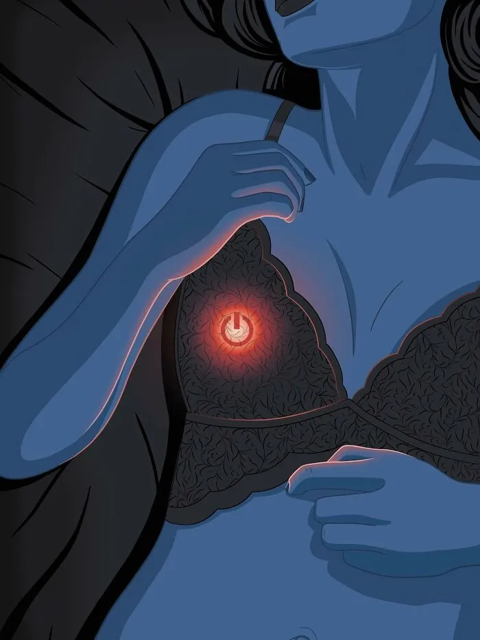 Woman with a power button glowing on her chest illustration