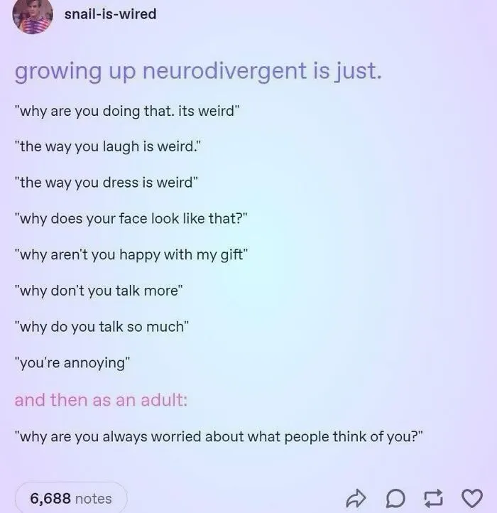 A meme listing common neurodivergent experiences, illustrating how autistic people often feel misunderstood during childhood.