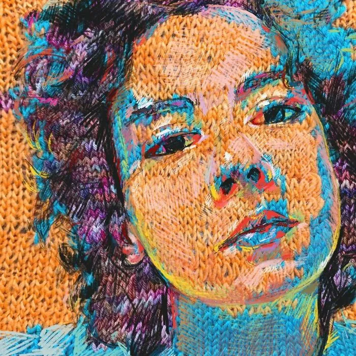 A stunning knitting portrait of a woman with vibrant, curly hair, blending traditional knitting with modern art.