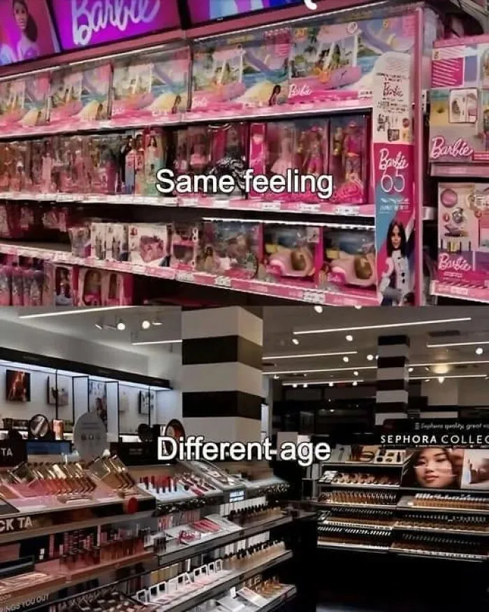 Funny posts about being a woman: A split image showing a Barbie aisle vs. a Sephora makeup store, illustrating the same feeling at different ages.