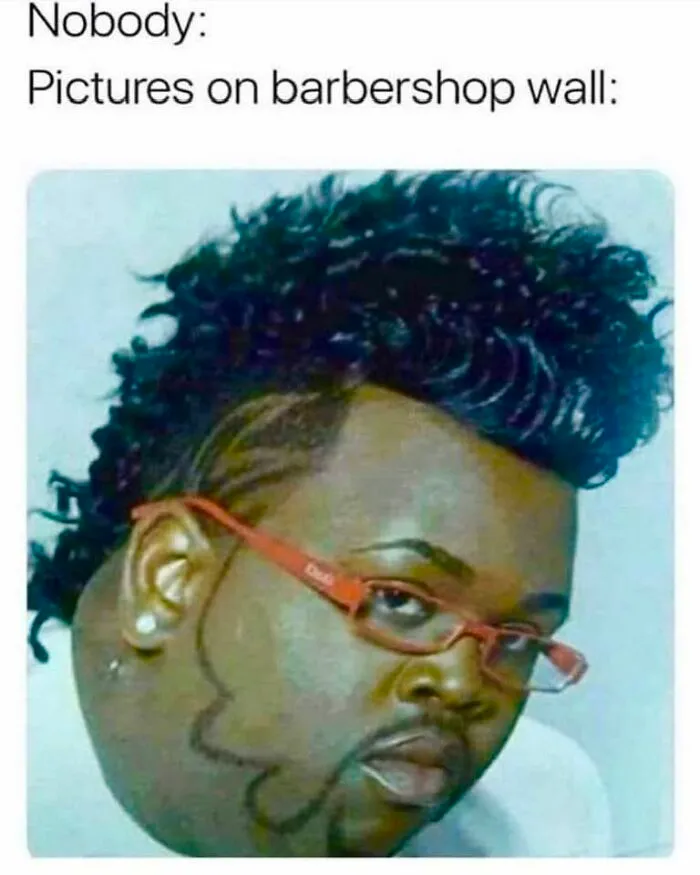 A man with an exaggerated hairstyle and beard design, a Gen X meme about barbershop pictures.