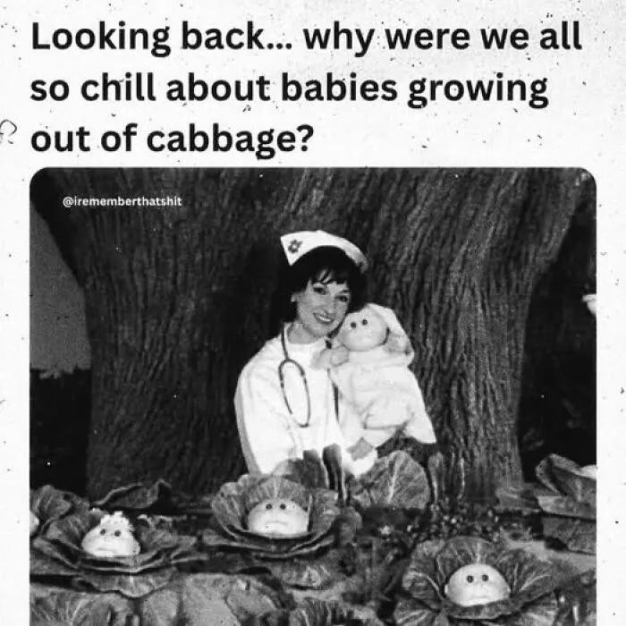 A Gen X meme with a black and white image of a nurse and cabbage patch babies, evoking nostalgia.