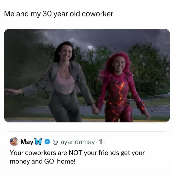 Funny post comparing a woman and her coworker to Sharkboy and Lavagirl, with text about coworkers not being friends.