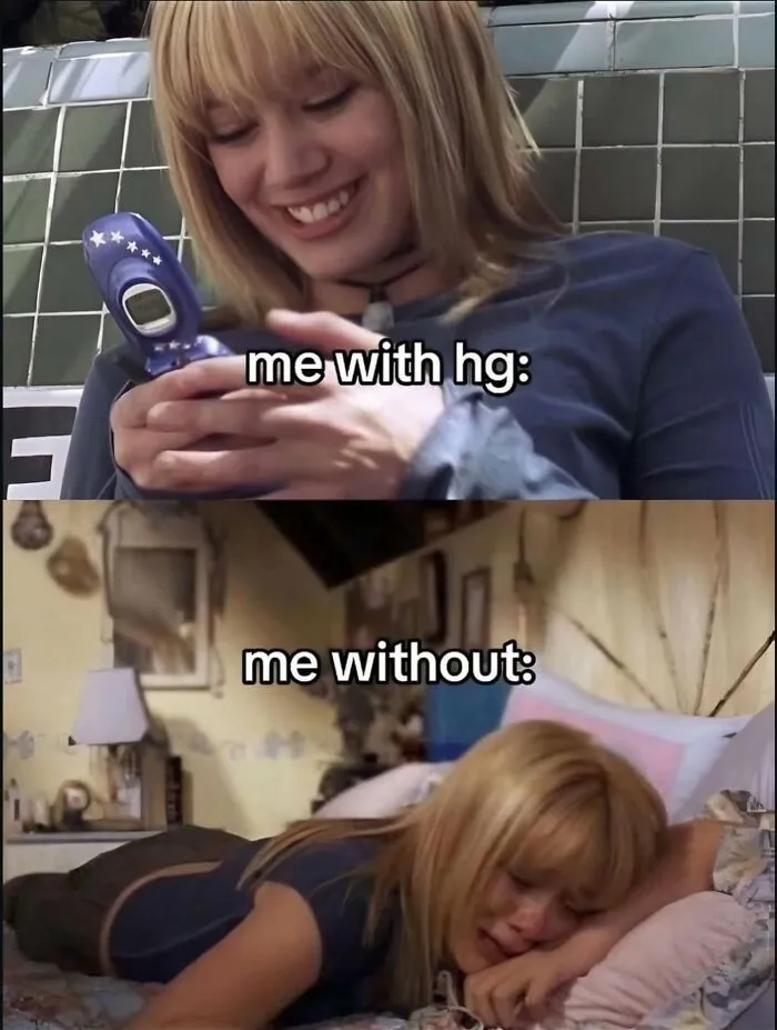 A relatable meme of Hilary Duff, showing her happy self with HG texting and her sad self without, conveying a very relatable mood.