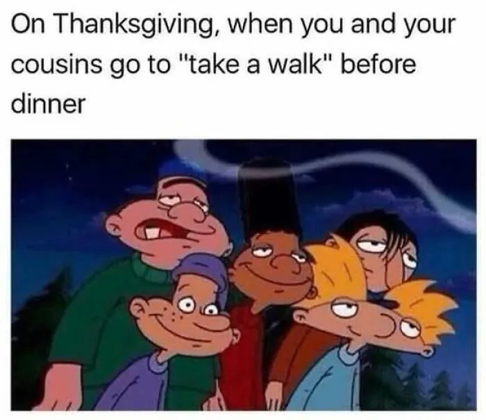 A group of animated cousins from Hey Arnold, depicting a Gen X Thanksgiving walk.