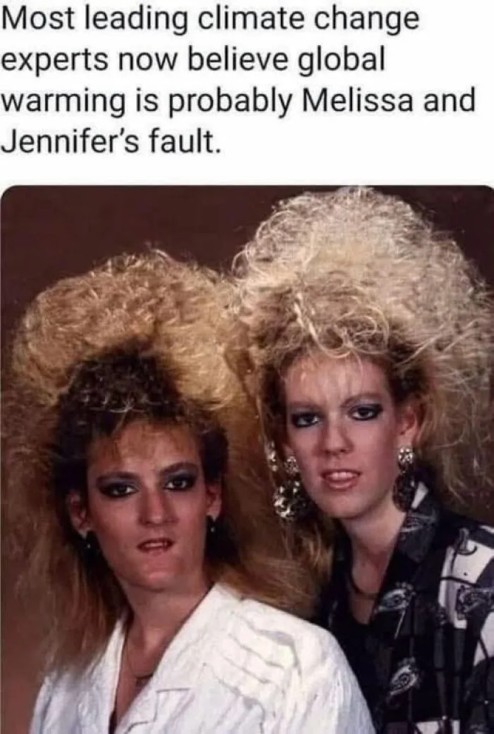 Two women with large, 80s-style hair are featured in a Gen X meme about climate change.